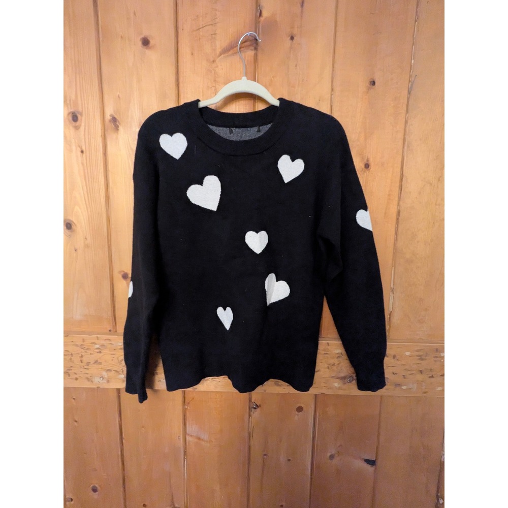 Black White Heart Intarsia Knit Crewneck Sweater Long Sleeve Pullover RN 75343 - Picture 2 of 6